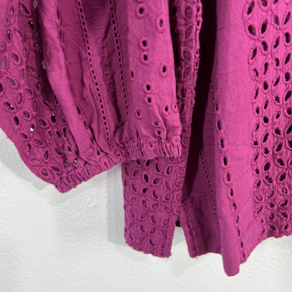 Indigo Thread Co Eyelet Blouse 1X Purple Boho Cotton Top Long Sleeve V- Neck‎ - Picture 8 of 11